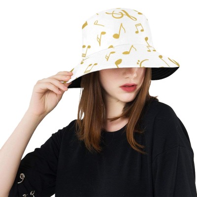 Women's white bucket hat with all-over music note print, chino cotton twill