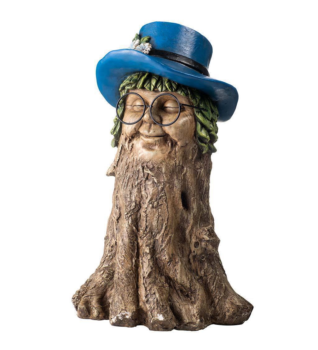 Blue top-hat tree stump man with round glasses and leafy hair