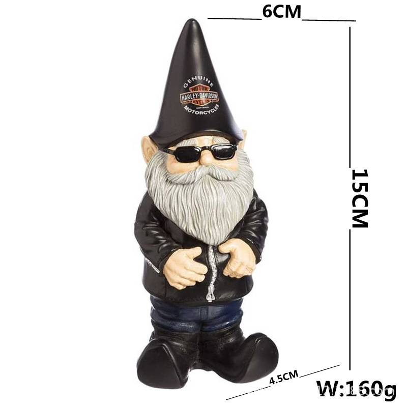 Male biker gnome with height and depth dimensions annotated on the photo