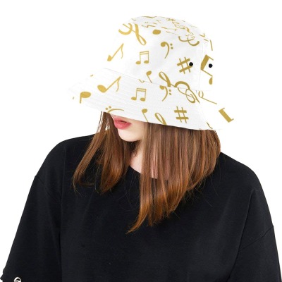 White bucket hat with music note print for women, chino cotton twill