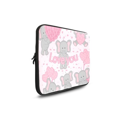 17-inch laptop sleeve, gray elephants & pink hearts pattern, "Love You" text, neoprene.