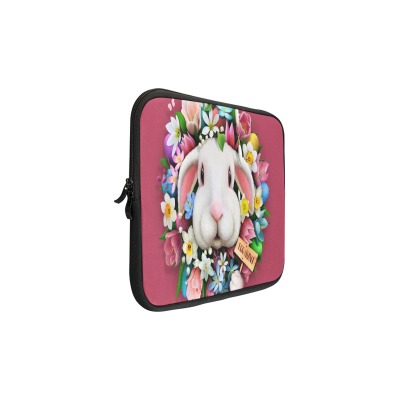 13 inch pink laptop sleeve, white bunny floral design, neoprene.