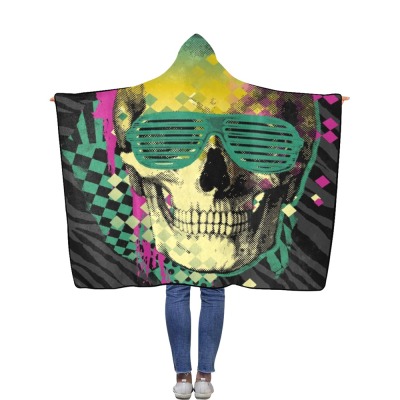 Flannel Hooded Blanket featuring a neon skull design, 50"x60", perfect for indoor or outdoor use