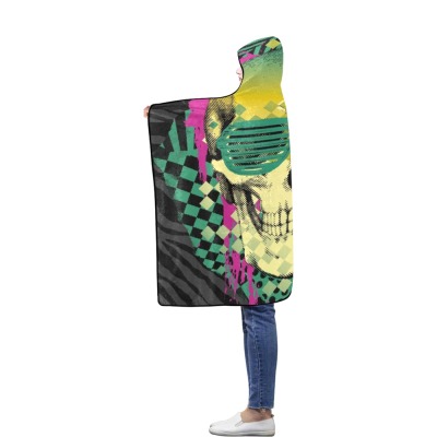 Flannel Hooded Blanket 50"x60" featuring vibrant, patterned design, perfect for indoor or outdoor comfort.