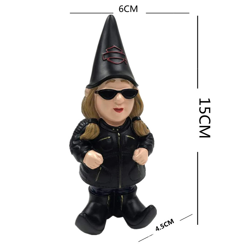 Female biker gnome with painted jacket and hat print up close