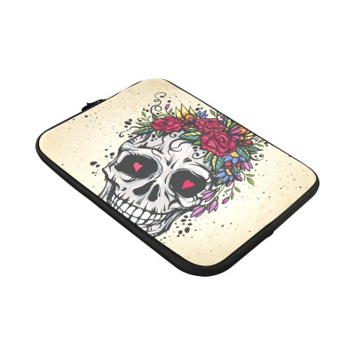 Custom 15-inch laptop sleeve featuring a skull with floral design, water-resistant neoprene, ideal for travel and daily use.