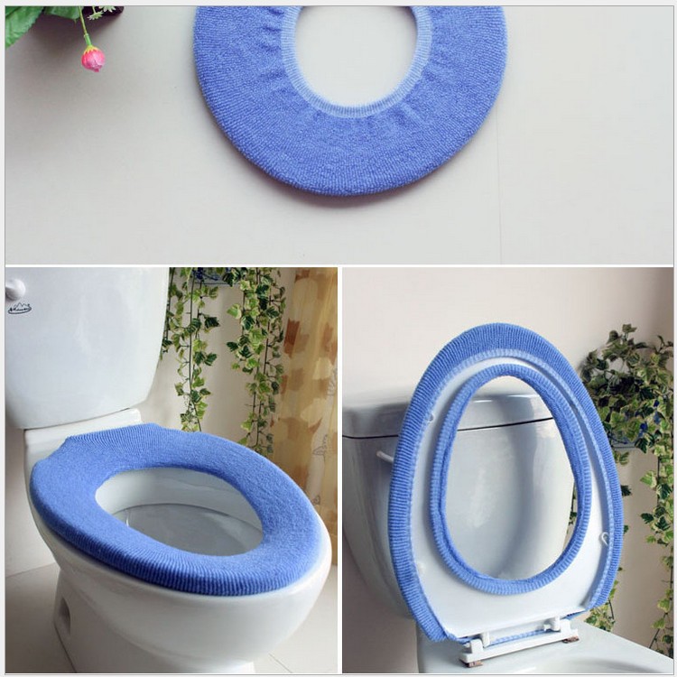 Blue knitted seat cover shown installed on a toilet lid and seat