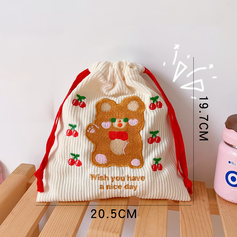 Red-cord bear corduroy pouch with embroidered cherry details