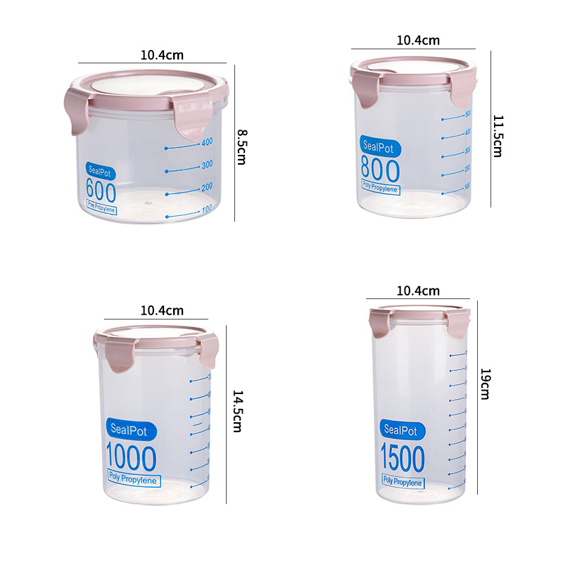 Four jar sizes with dimension callouts for 600, 800, 1000 and 1500 millilitre capacities