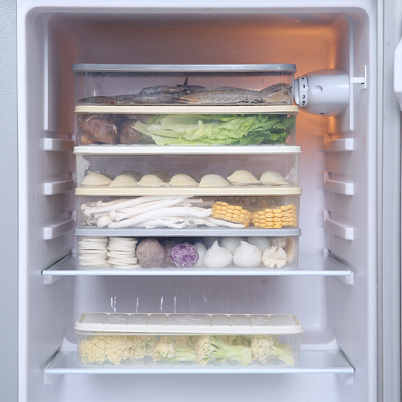 Refrigerator shelves with clear food boxes stacked square holding dumplings and vegetables