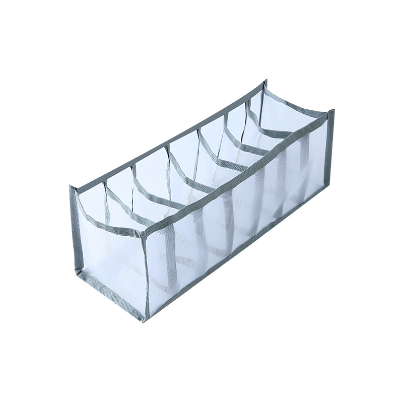 Long white mesh organizer with seven compartments and grey trim