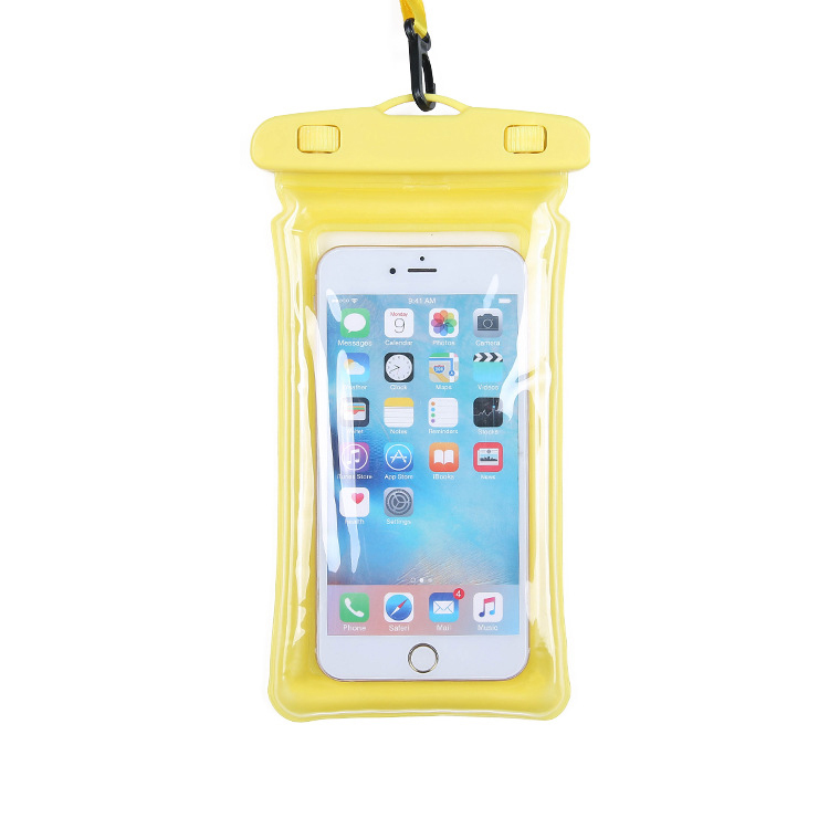Butter yellow waterproof pouch with phone inside and lanyard clip