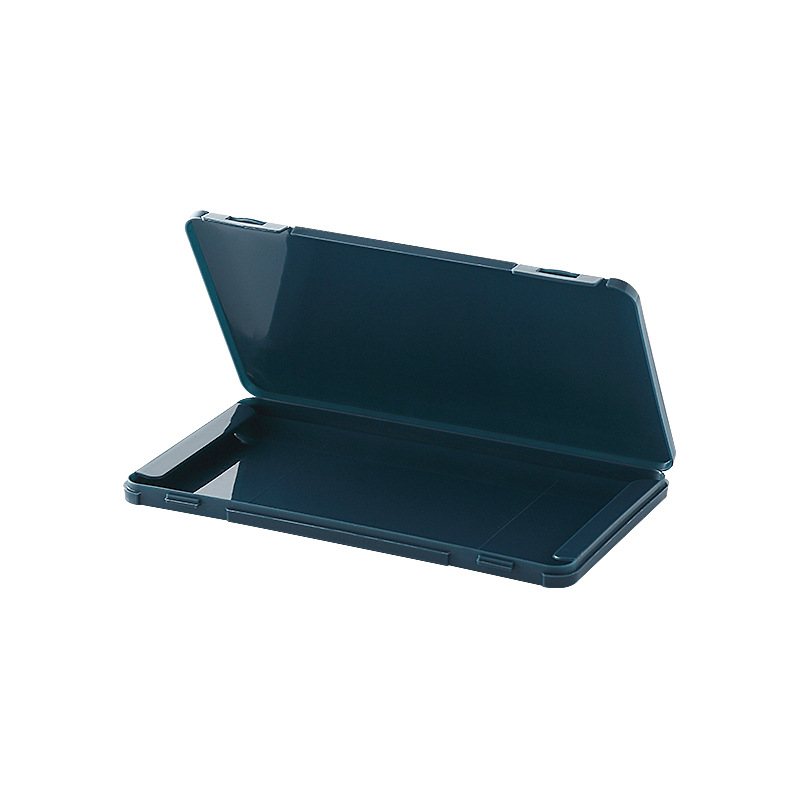 Open navy teal mask case showing the snap clips on the lid