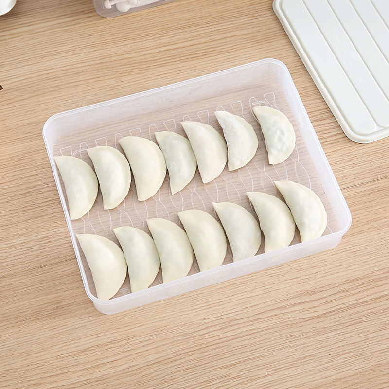 Clear storage tray holding fifteen frozen dumplings in two rows on a ridged base