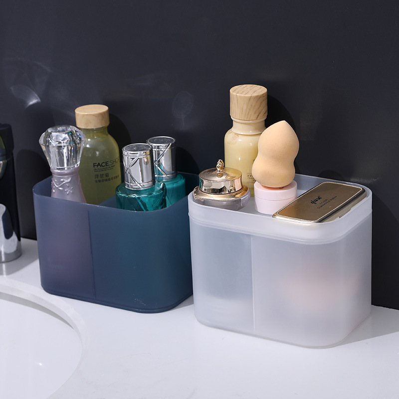 Frosted box with compartments and lid on a bathroom counter holding sponges