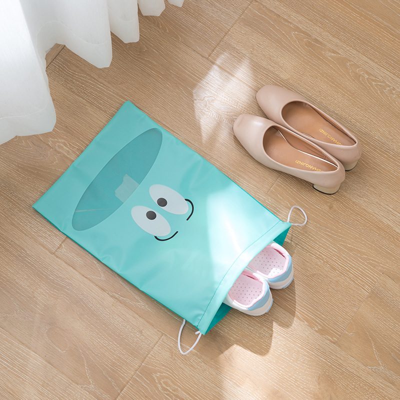 Sneakers partly inserted into a mint teal shoe bag with frosted window