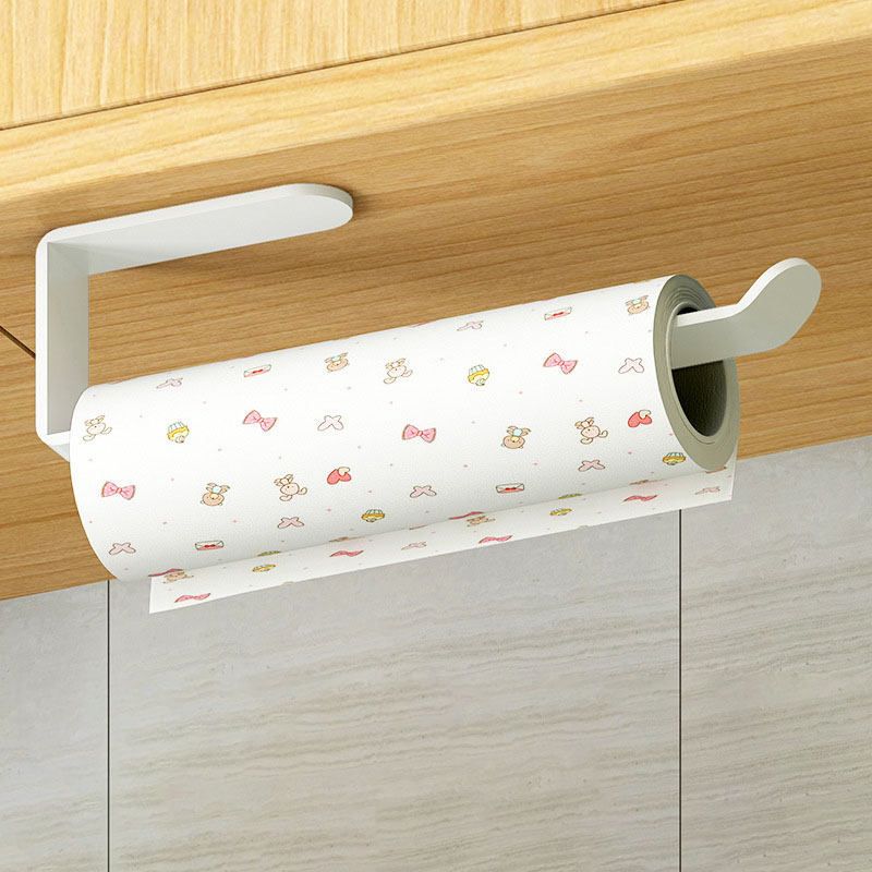 White under-cabinet cling film holder with wrap pulled down for tearing