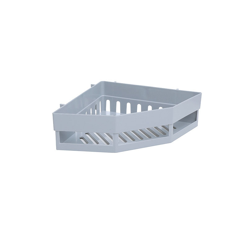 Slatted base of a grey corner rack shedding water