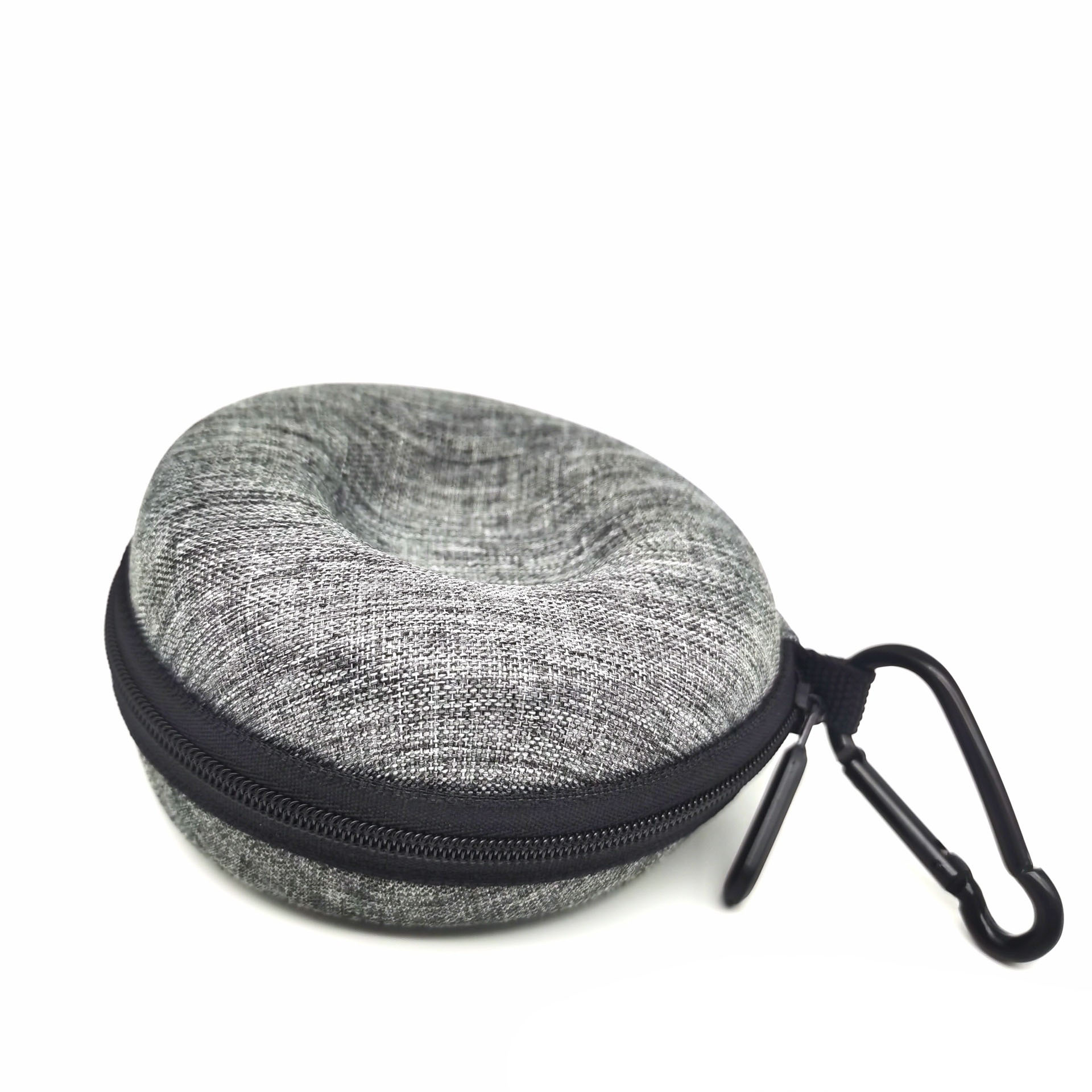 Heather grey round zippered watch case showing the zipper seam profile