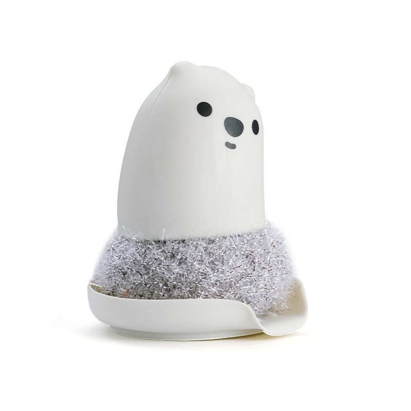 Front view of cream bear pot brush with steel wire scrubber and saucer