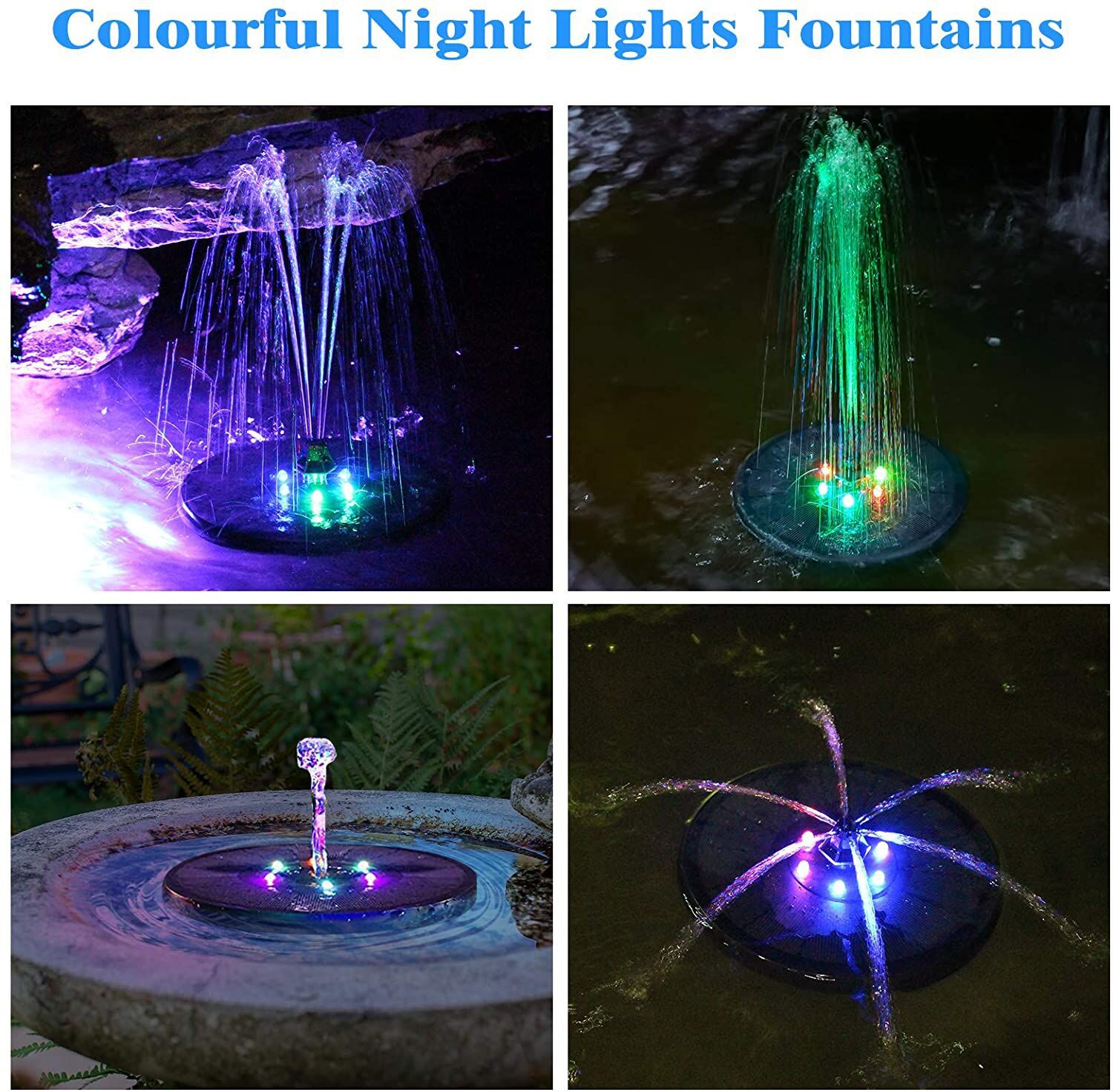 Fountain spray lit in purple, green and blue at night in a garden