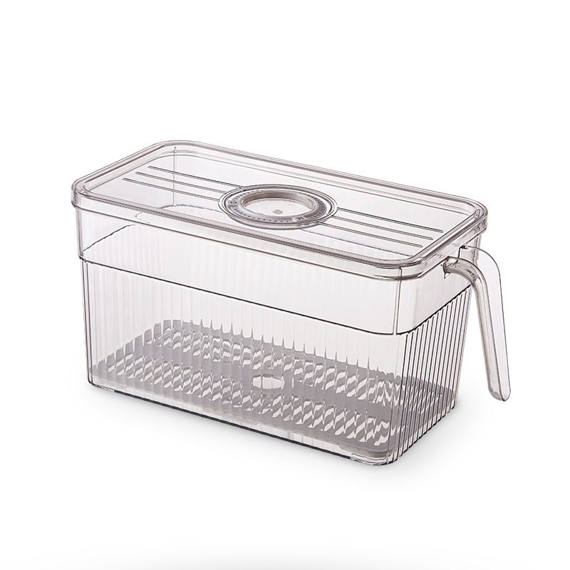 Clear fridge box with produce sorted on a drainage tray
