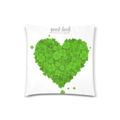 Throw Pillow Cover featuring a green clover heart and 'good luck' text, two-sided printing, 18x18 inches