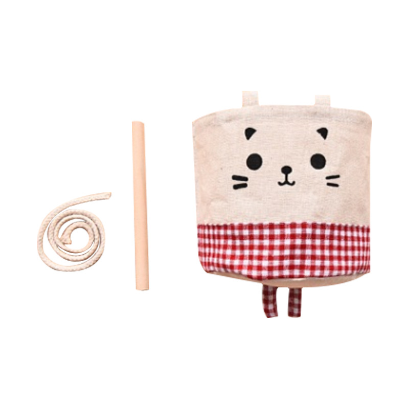 Red gingham cat pocket with wooden dowel and cotton cord laid flat