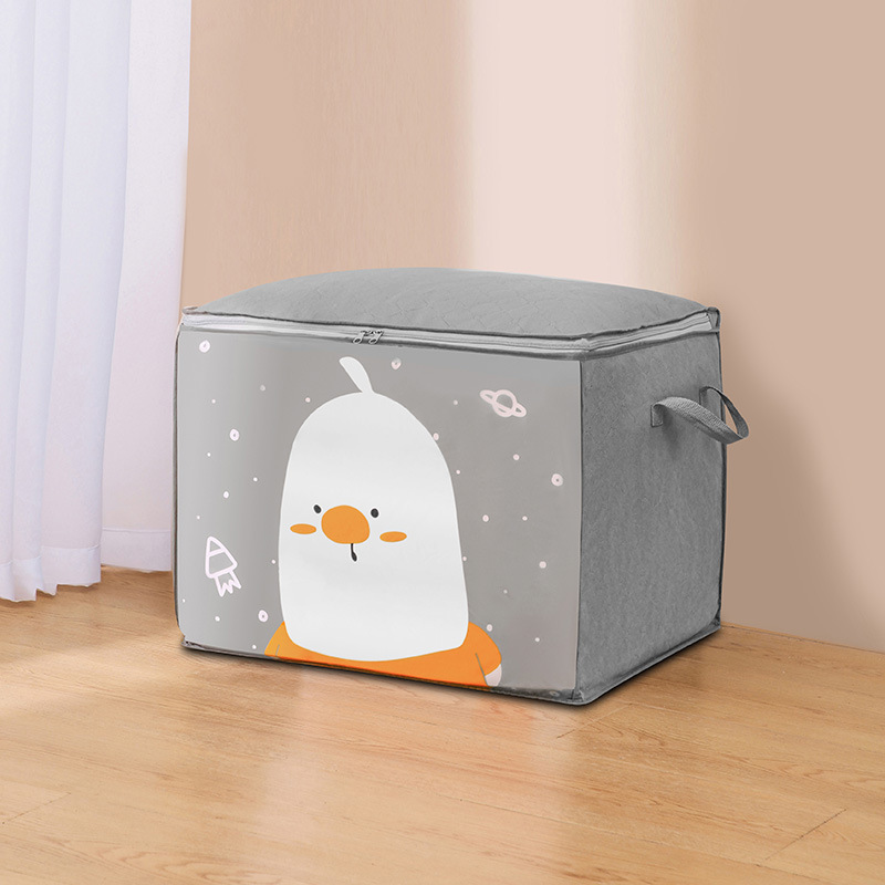 Grey cartoon storage bag with side handle and zipper top on wooden floor