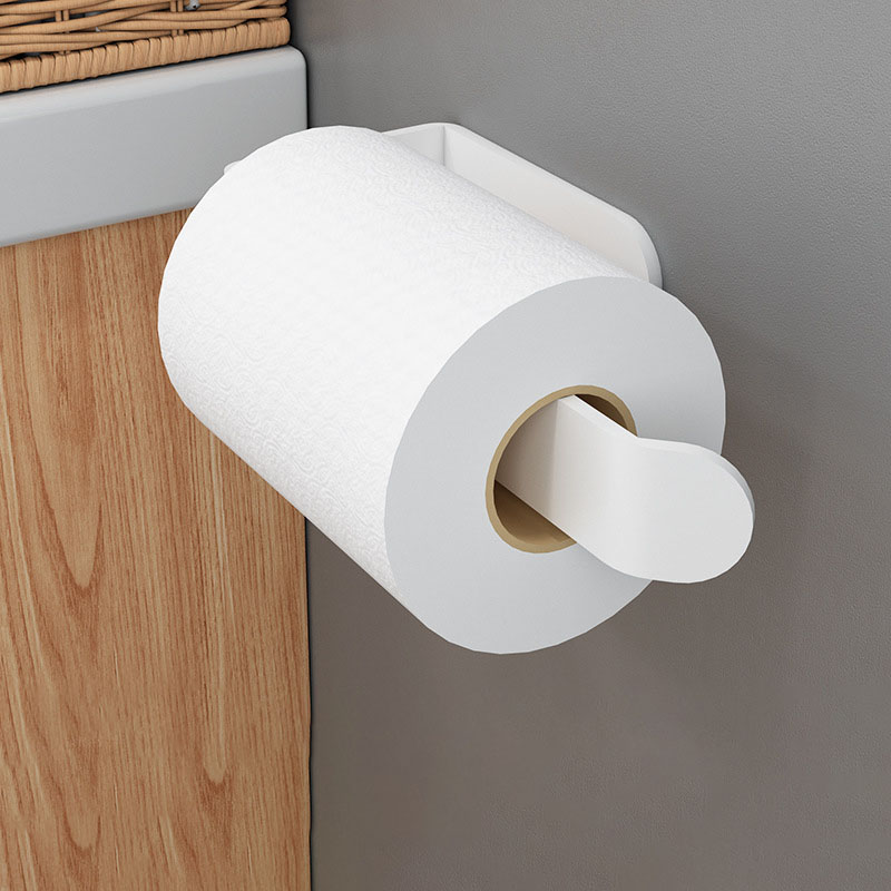 White wall-mounted paper roll holder with curved arm passing through roll core