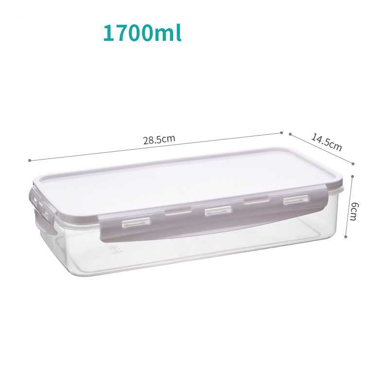 Technical view of 1700ml clear storage box with lilac-grey clip and dimensions