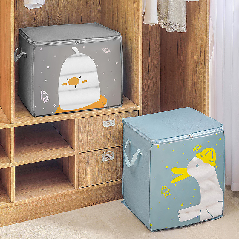 Grey duck and blue duck storage bags sitting on a wardrobe shelf
