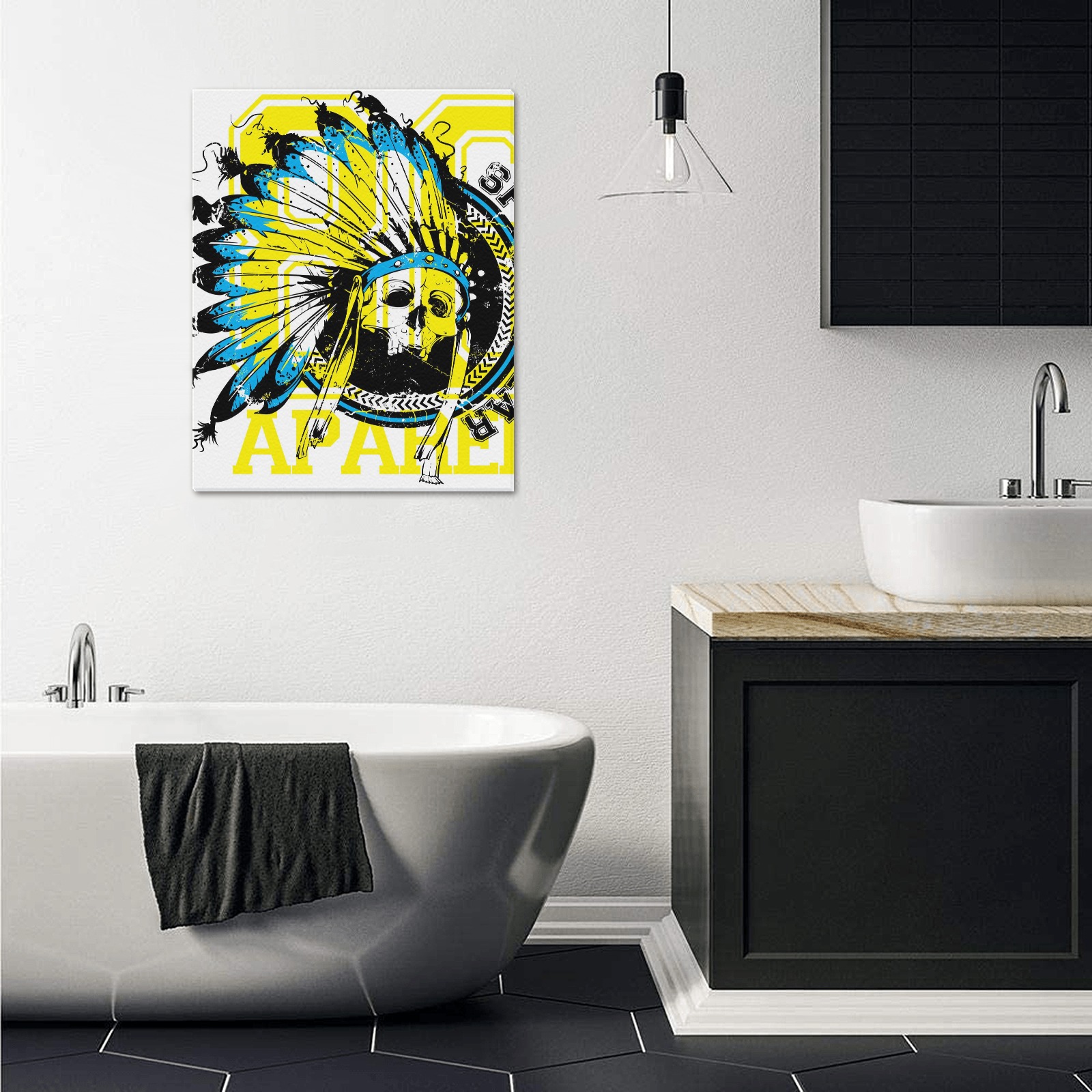Frame Canvas Print: Skull with Native American headdress in vibrant yellow and teal, Made in USA