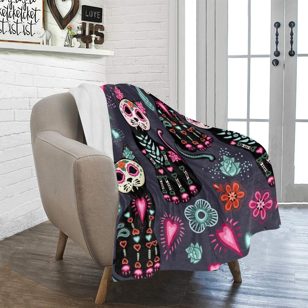 Ultra-Soft Micro Fleece Blanket featuring a vibrant Día de Muertos design, perfect for indoor and outdoor use.