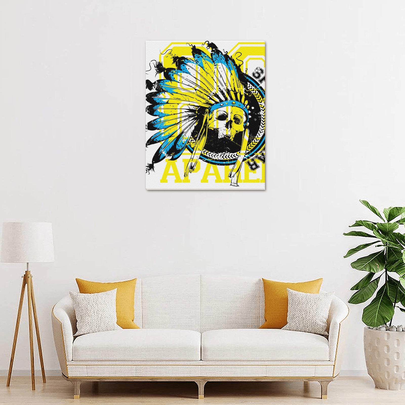 Frame Canvas Print: Skull with Native American Headdress in vibrant colors, USA made