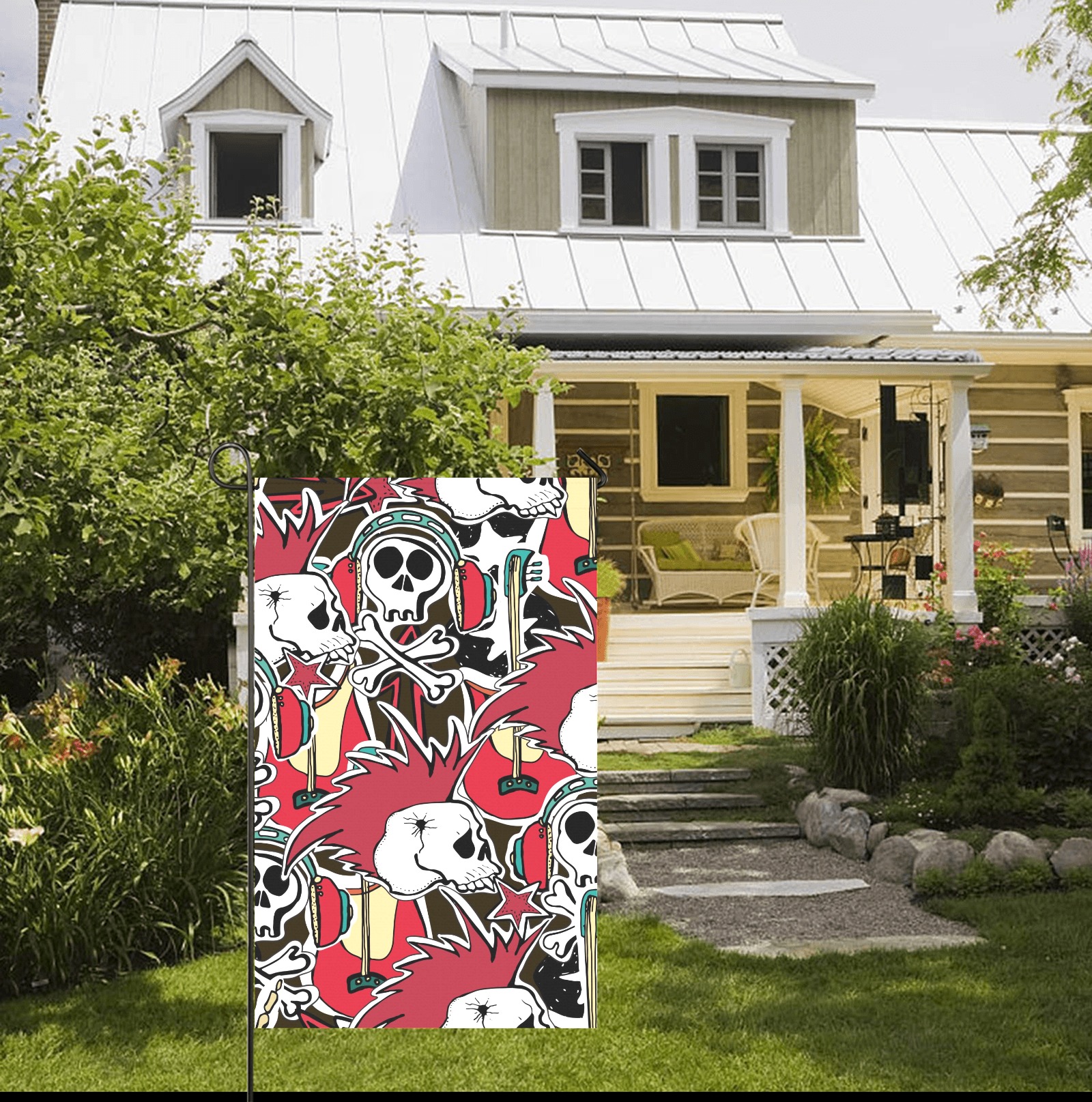 36x60 inch Skull Garden Flag in yard, red and white pattern, USA made