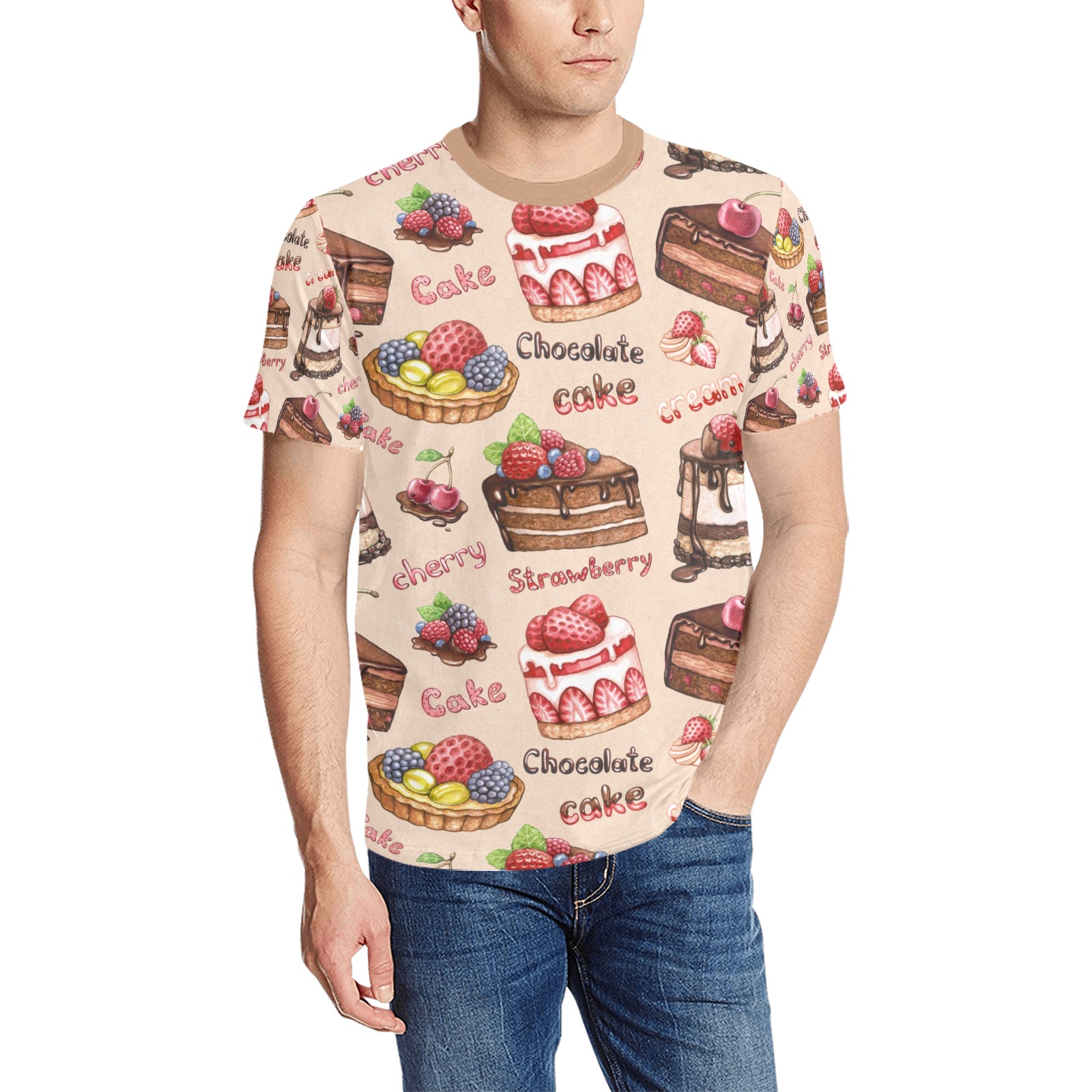 Men's All Over Print T-shirt with Cake Pattern - 100% Polyester