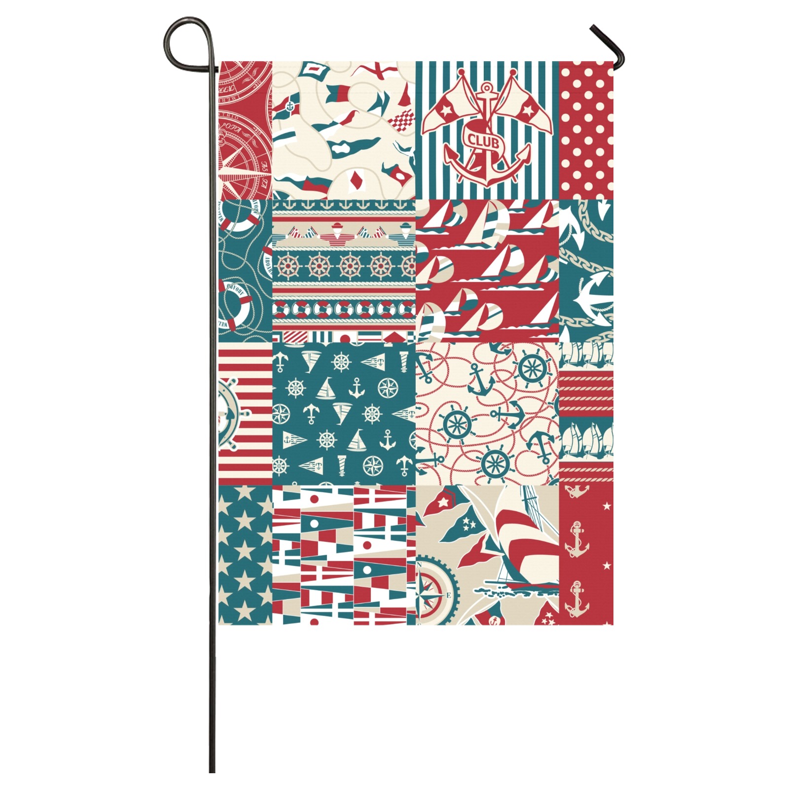 USA made 28x40 inch garden flag with patchwork nautical design. Weatherproof, double-sided print.