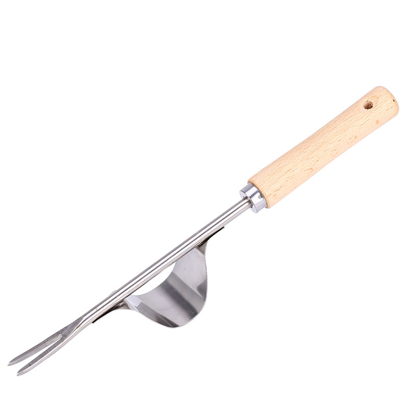 Full weeding and transplanting tool with curved scoop head on white