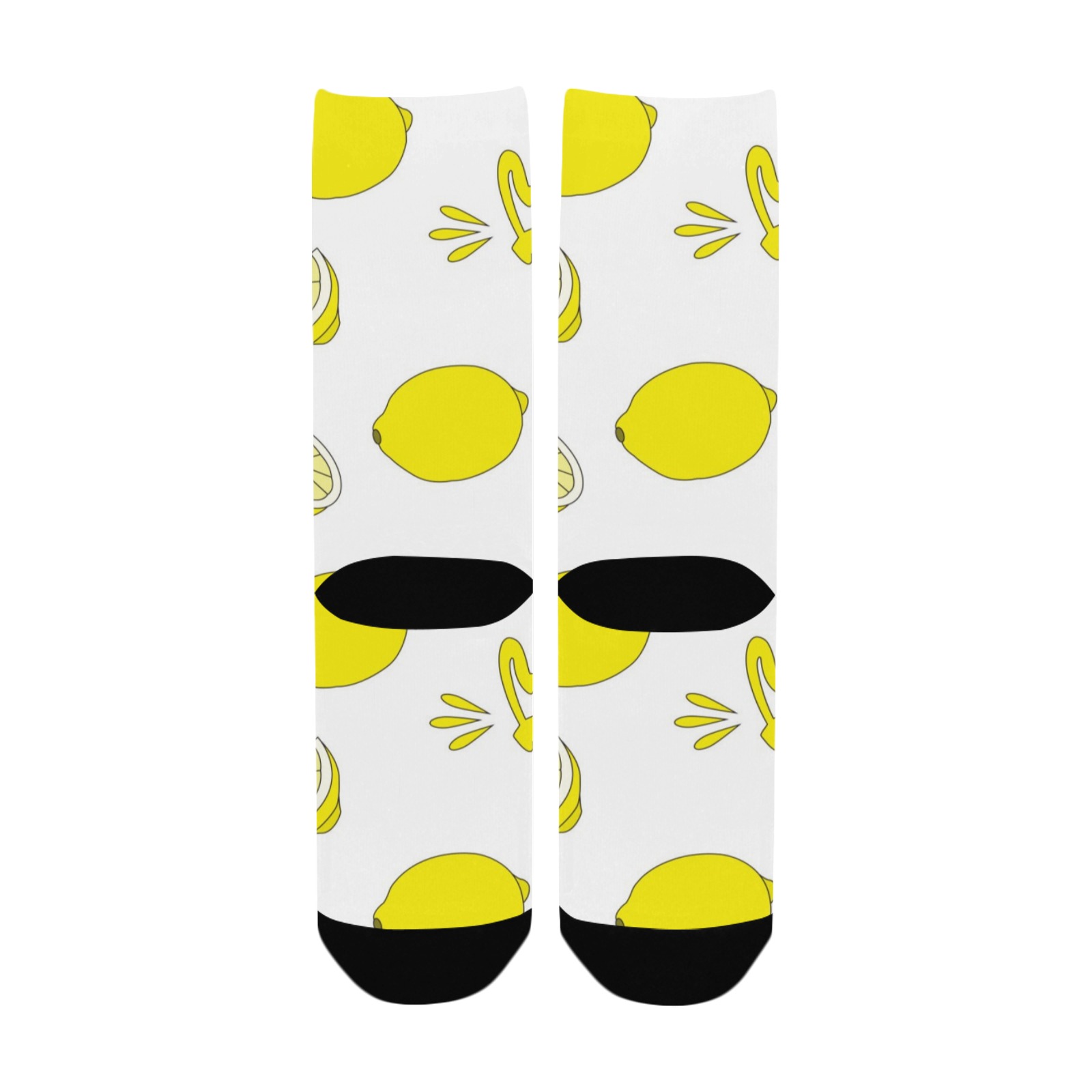 Custom women's socks with vibrant yellow lemon pattern and black toe and heel, all-over printing, polyester material.