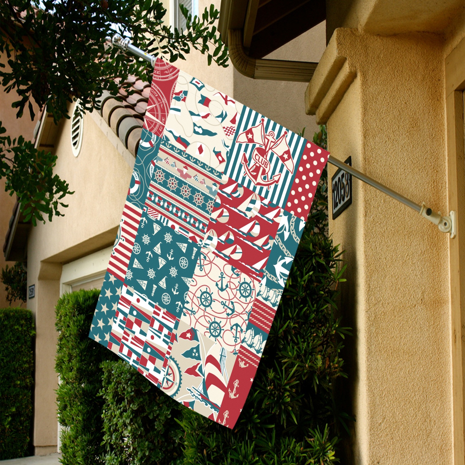 USA-made 28x40 inch garden flag with nautical patchwork design. Weatherproof, double-sided print.