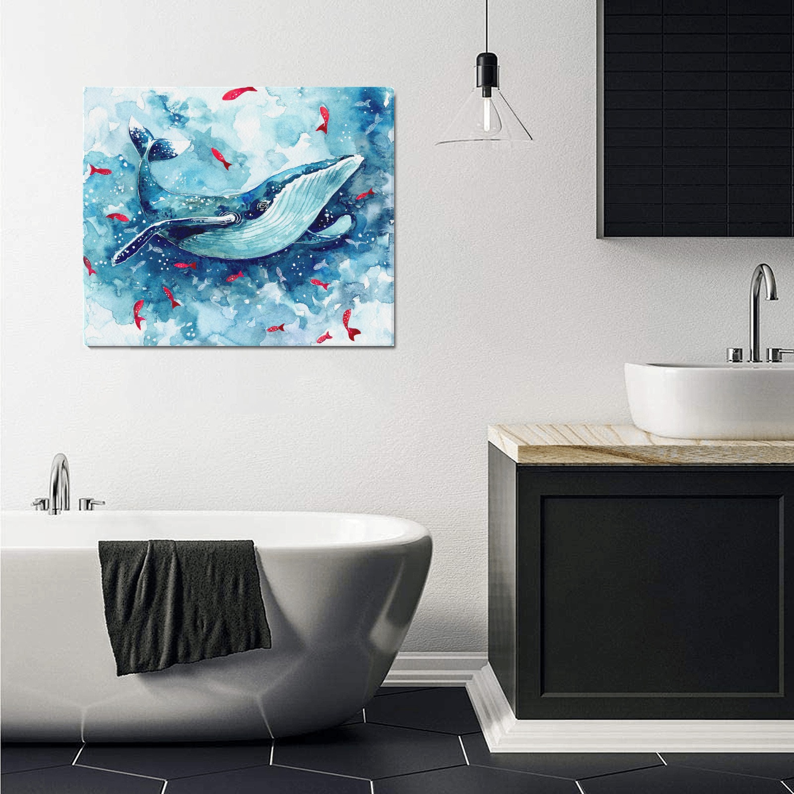 Watercolor blue whale canvas print above bathtub in modern bathroom decor, 24x20 inch