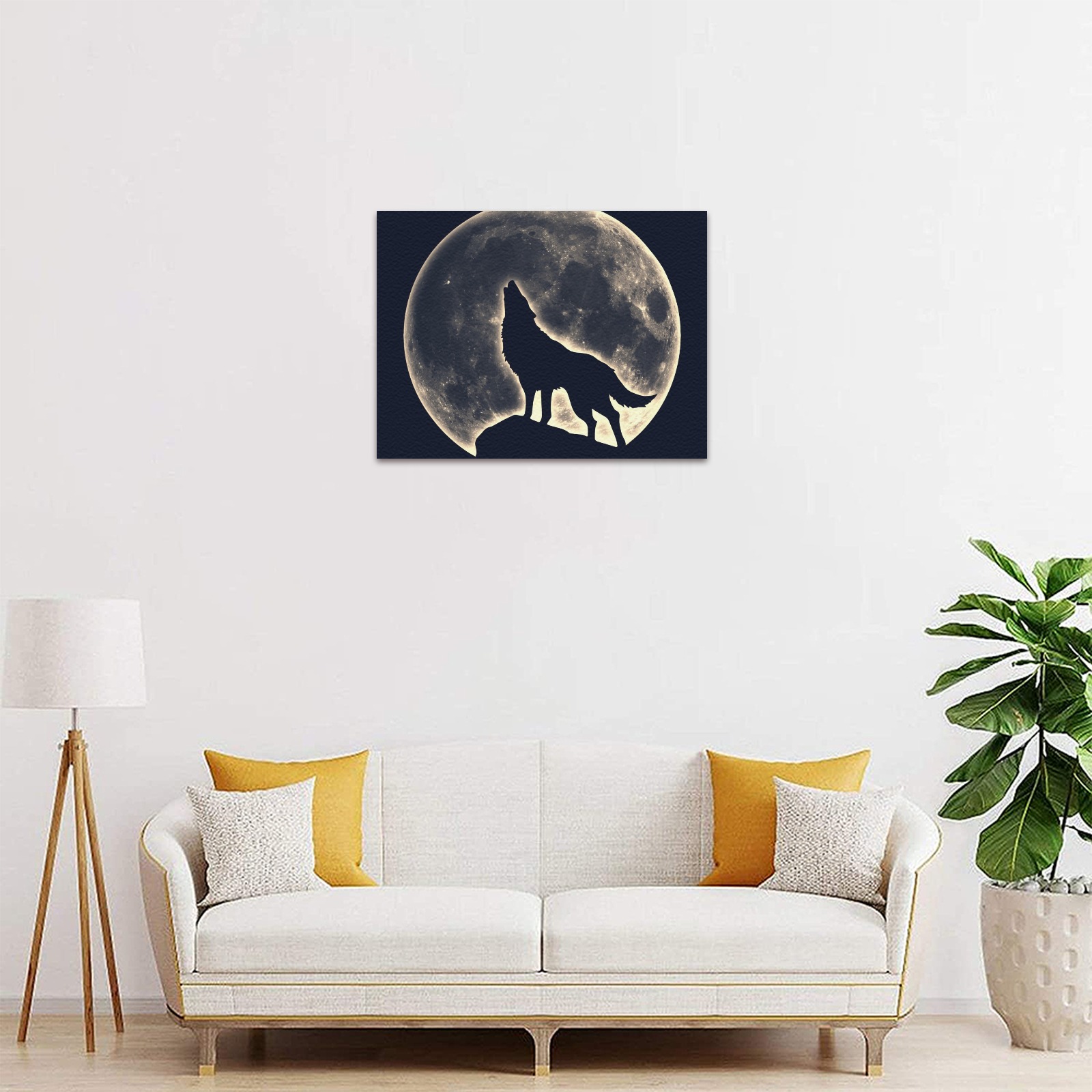 Frame Canvas Print featuring a wolf howling at the moon, perfect for living room decor, made in USA