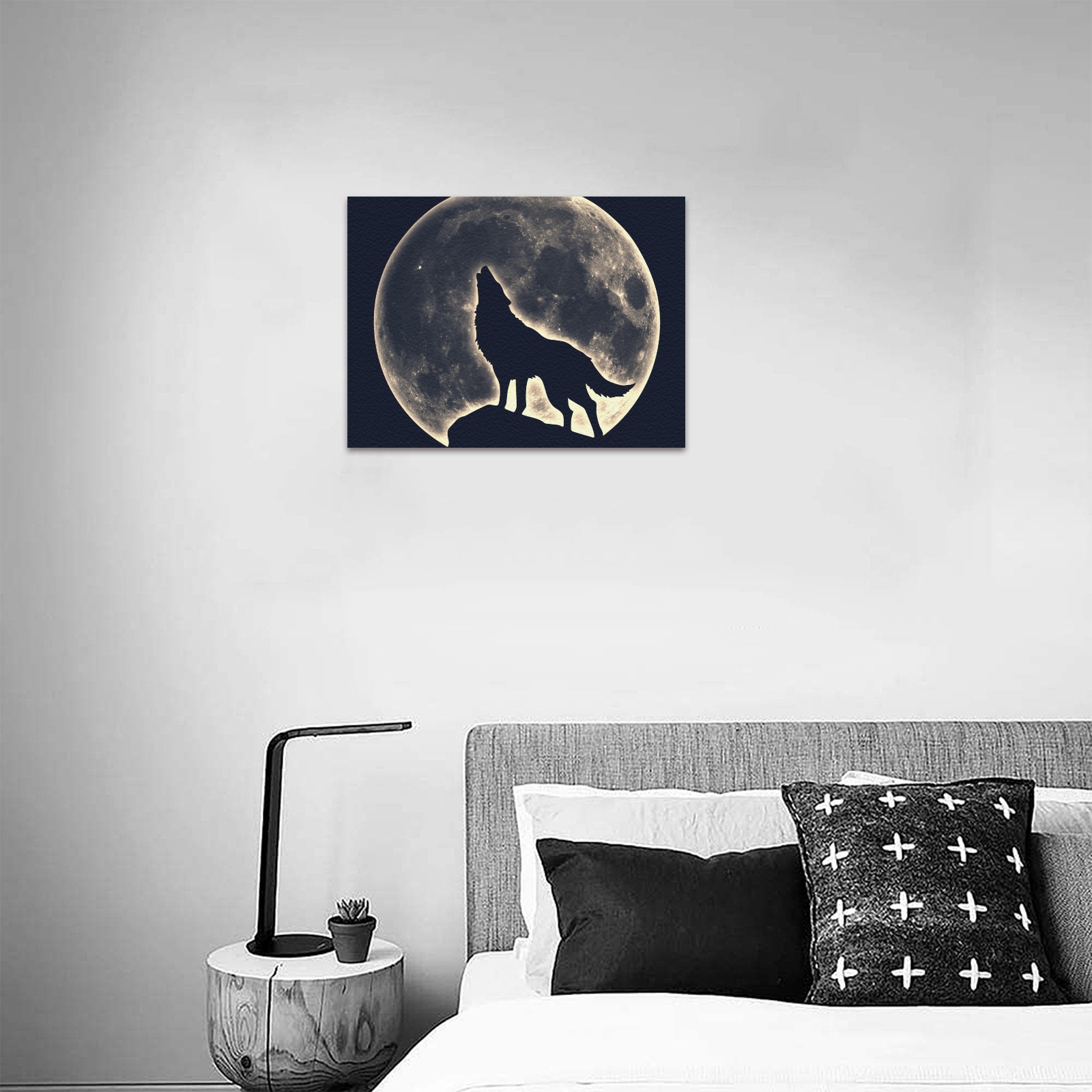 Frame Canvas Print featuring a howling wolf silhouette against the moon, perfect for living room decor.
