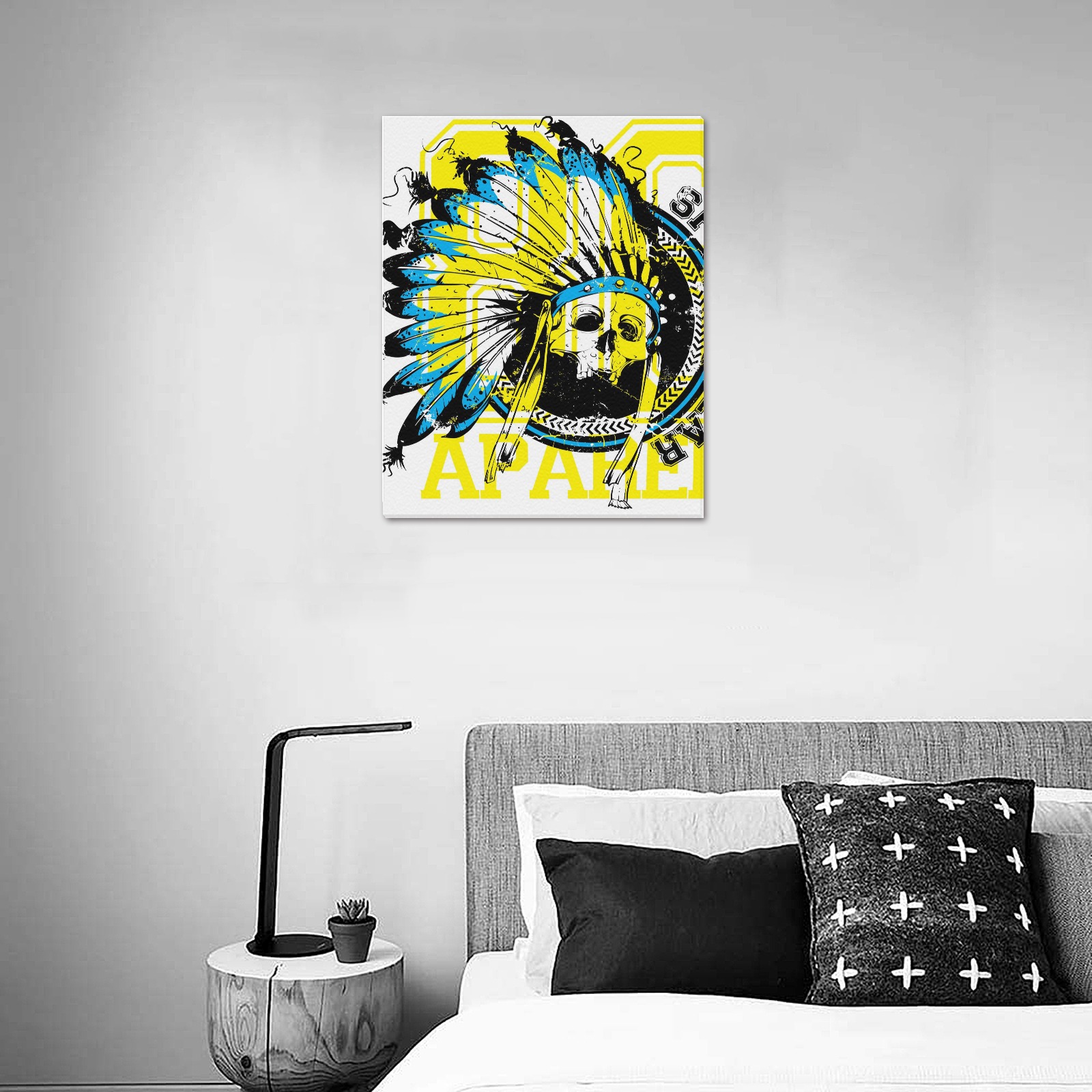 Frame Canvas Print: Skull with Native American Headdress in yellow and teal, Made in USA, 16x20 inch