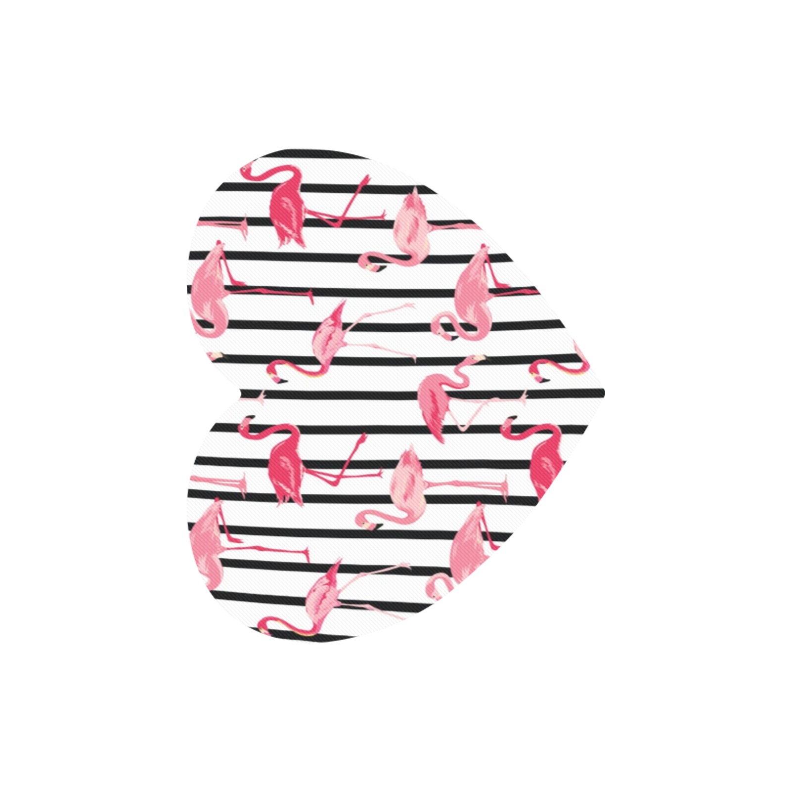 Heart-shaped mousepad featuring pink flamingo design on a striped background, cloth cover, and rubber base.