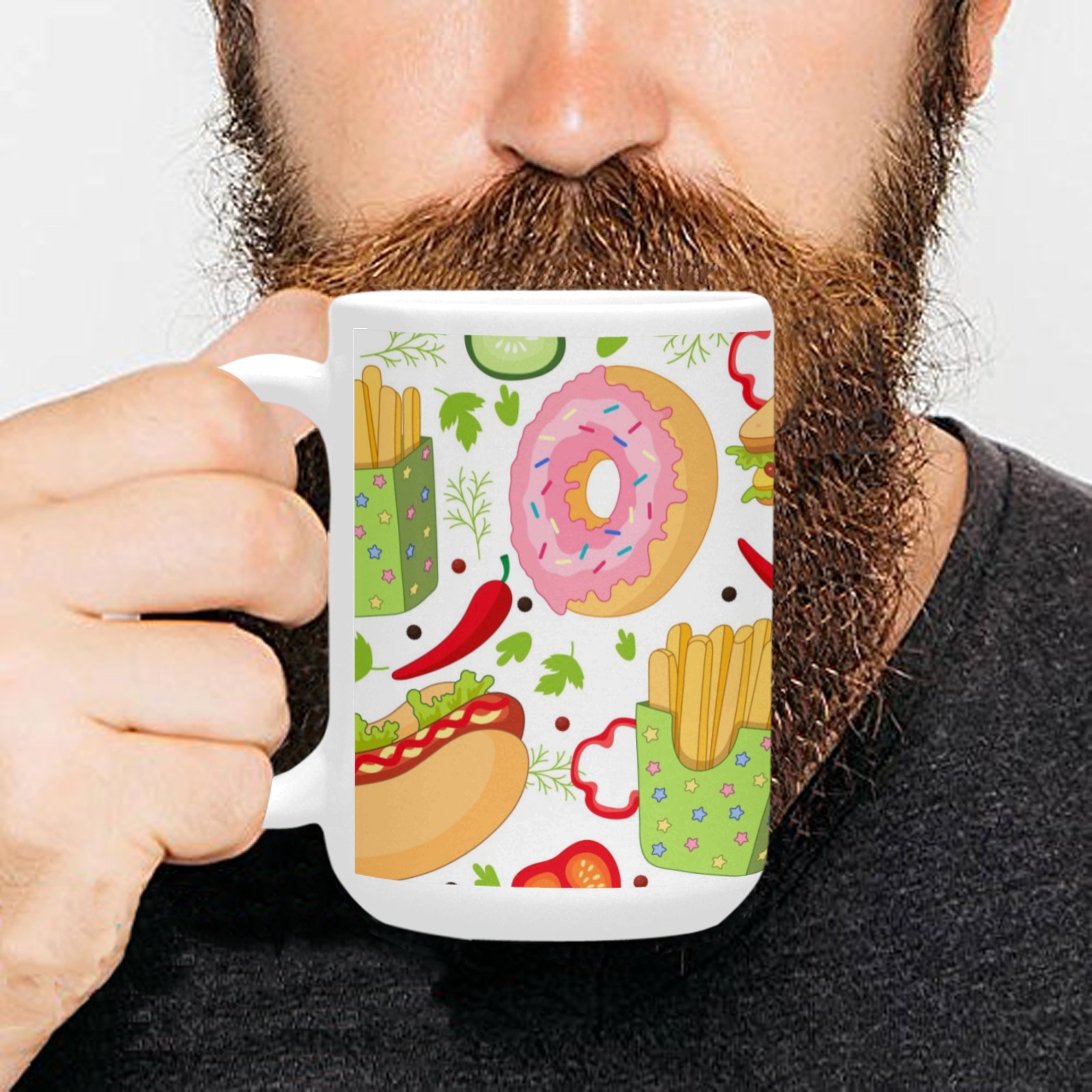 15 OZ Ceramic Mug featuring colorful food pattern, perfect for coffee, tea, or daily use. Made in USA.