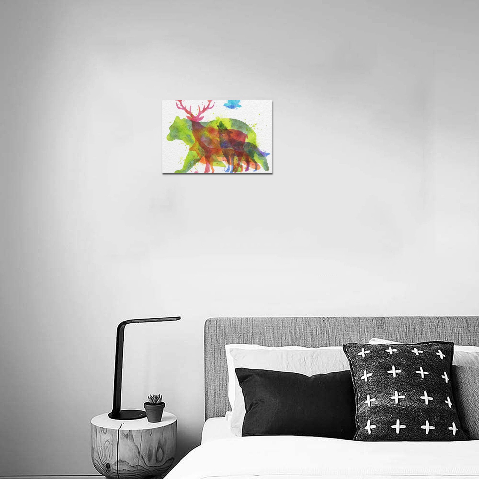 USA made Canvas Print, 12x8 inch, artistic design of bear, deer and wolf, home decor