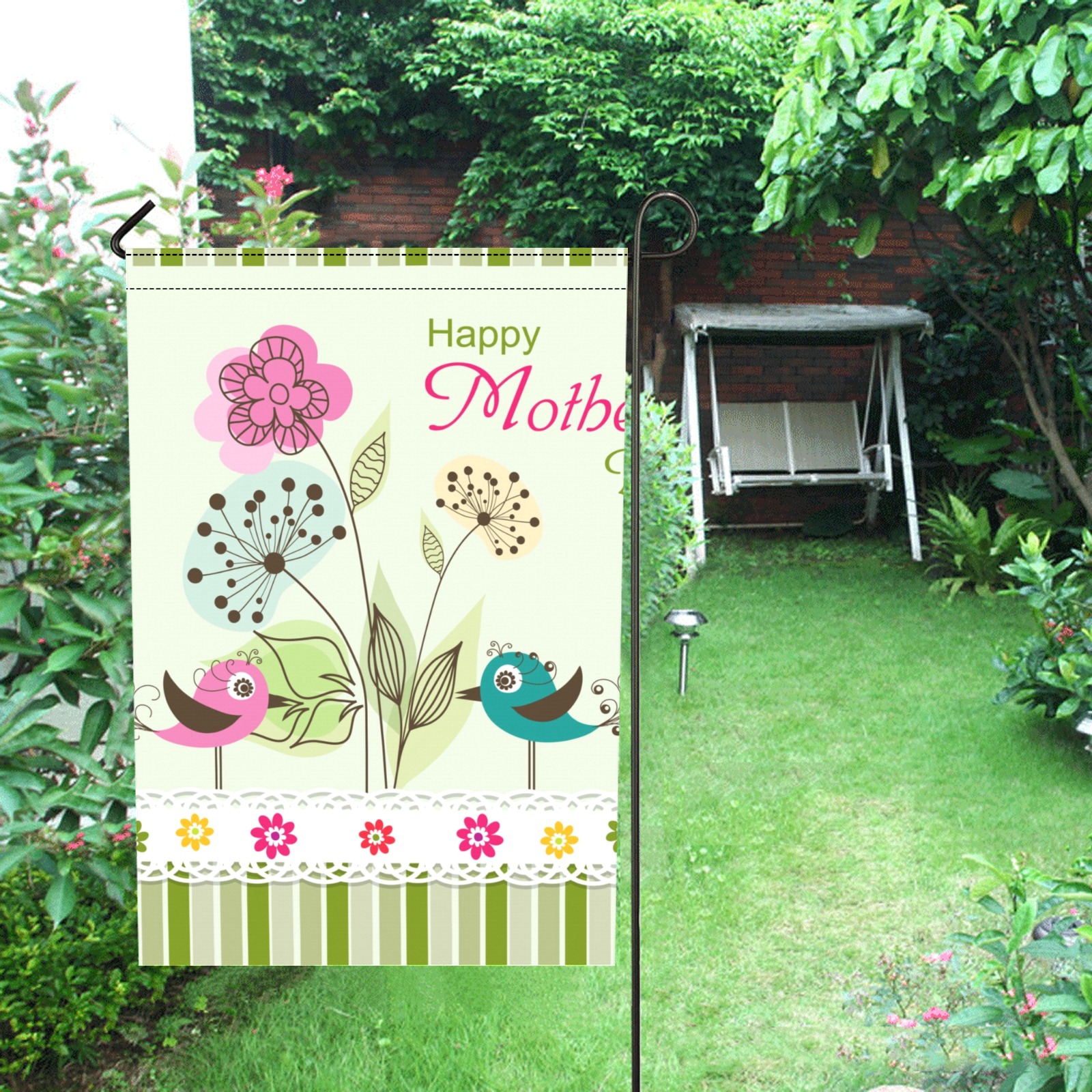 Happy Mother's Day garden flag with floral design and birds, 12x18 inch, USA made, perfect for outdoor decor.