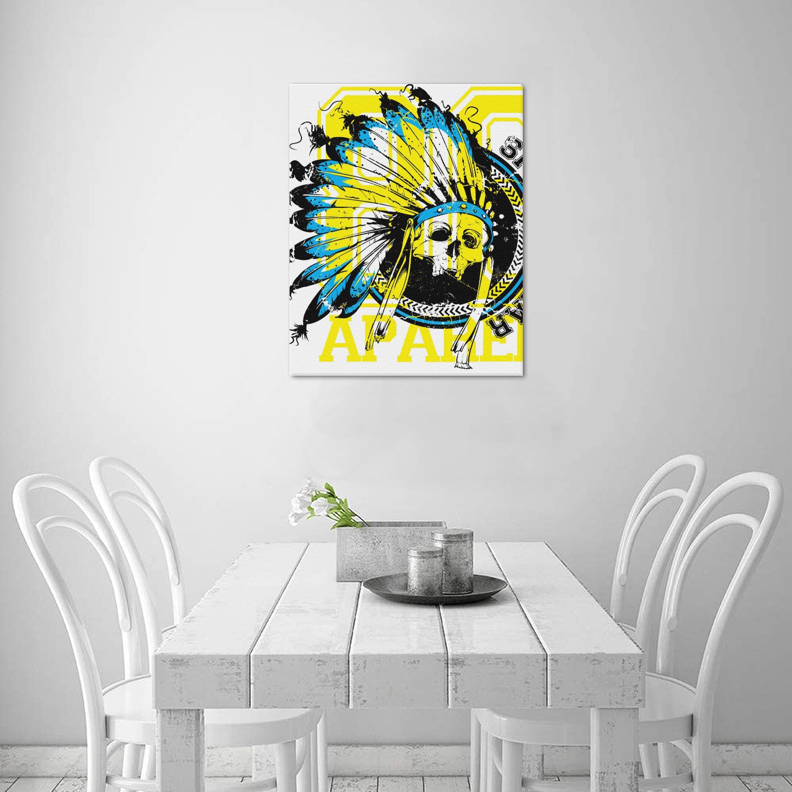 Frame Canvas Print: Skull with Native American Headdress in yellow and teal, Made in USA, 16x20 inch